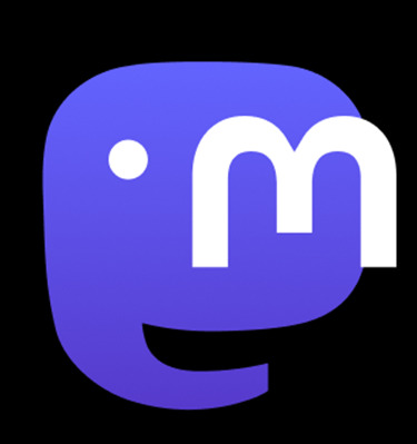 The Mastodon logo is a a stylized elephant with trunk extending underneath in purple with a curvy white M on top.