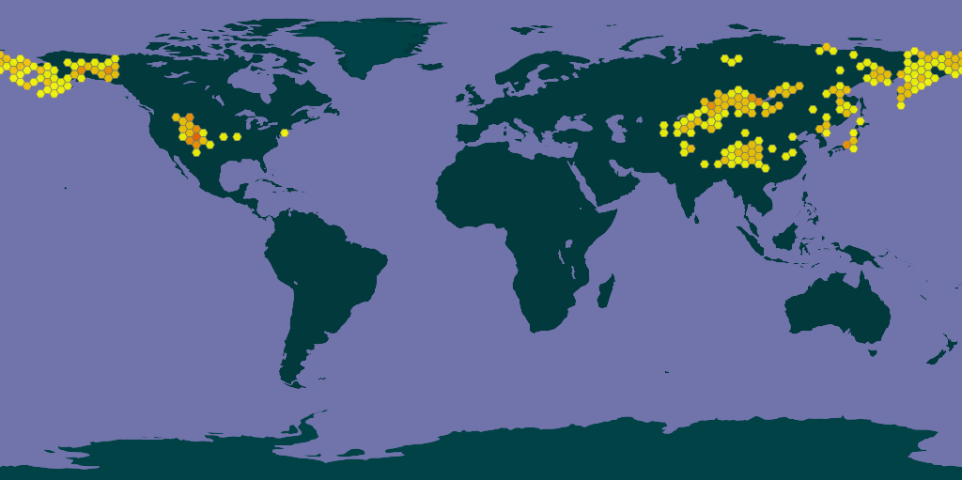 A map downloaded from GBIF showing orange and yellow hexagonal points that mark occurrences of Gentiana algida. There are populations spread throughout the northern hemisphere, but the Rocky Mountains region is distinctly separated from the rest of the populations.